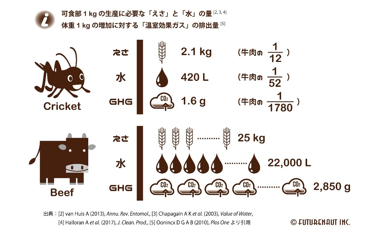 可食部1kgの生産に必要な「えさ」と「水」の量　コオロギ1kgを生産するのに必要な　えさ2kg（牛肉の1/12）、コオロギが必要な水420L（牛肉の1/52）、温室効果ガス1.6g　牛肉を生産するのに必要な　えさ25kg　水22000L　温室効果ガス2580g